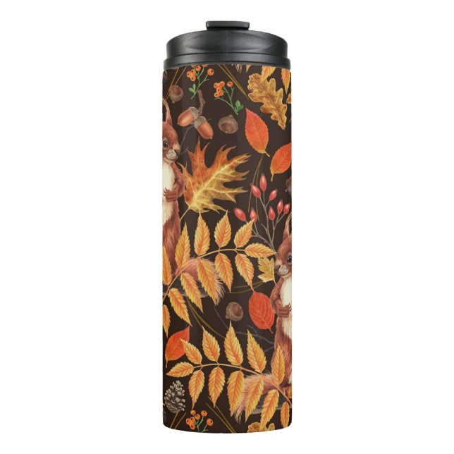Autumnal squirrels and flora on dark brown thermal tumbler (Front)