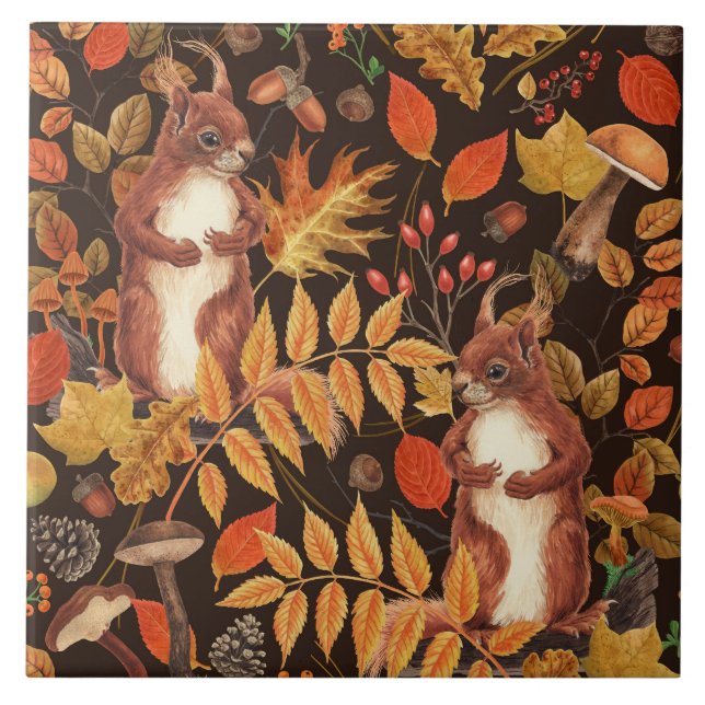 Autumnal squirrels and flora on dark brown tile (Front)