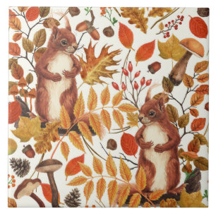 Autumnal squirrels and flora on dark brown tile