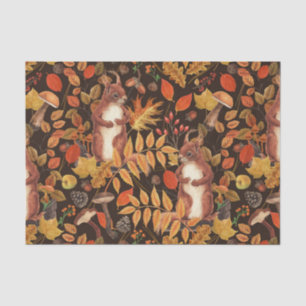 Autumnal squirrels and flora on dark brown tissue paper