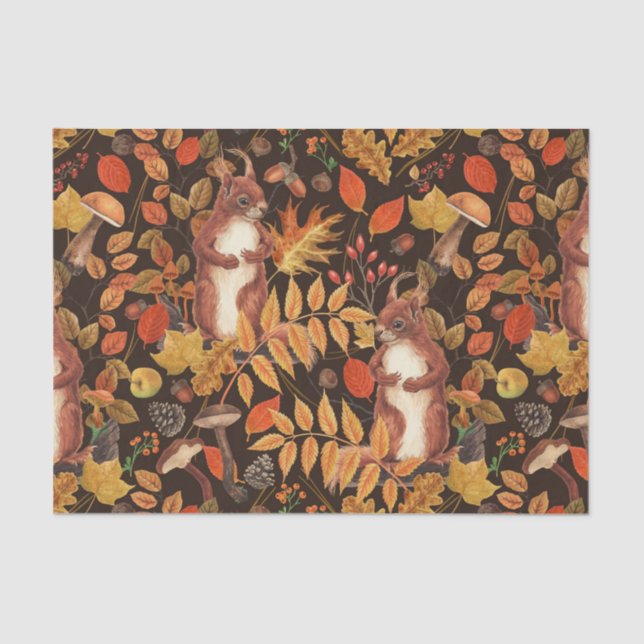 Autumnal squirrels and flora on dark brown tissue paper (Front)