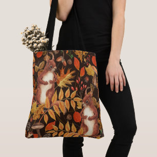 Autumnal squirrels and flora on dark brown tote bag