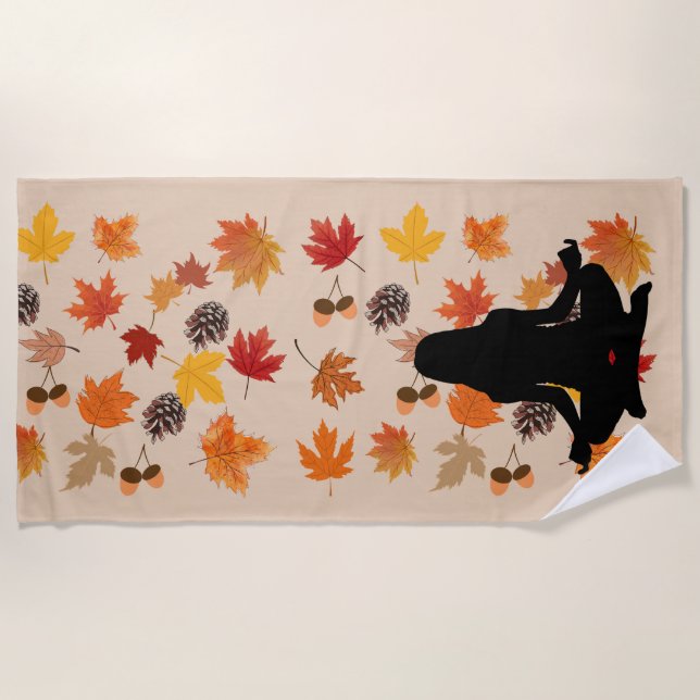 Autumnal Tranquility: Lotus and Leaf Pattern Beach Towel (Front)