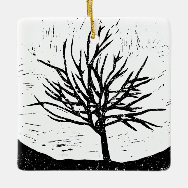 Autumnal Tree Lino Print Ceramic Ornament (Front)