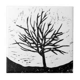 Autumnal Tree Lino Print Ceramic Tile