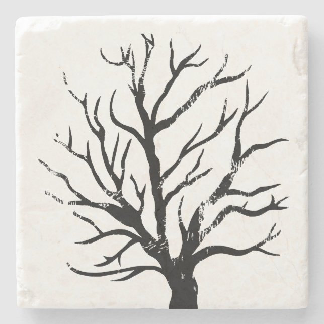 Autumnal Tree Lino Print Stone Coaster (Front)