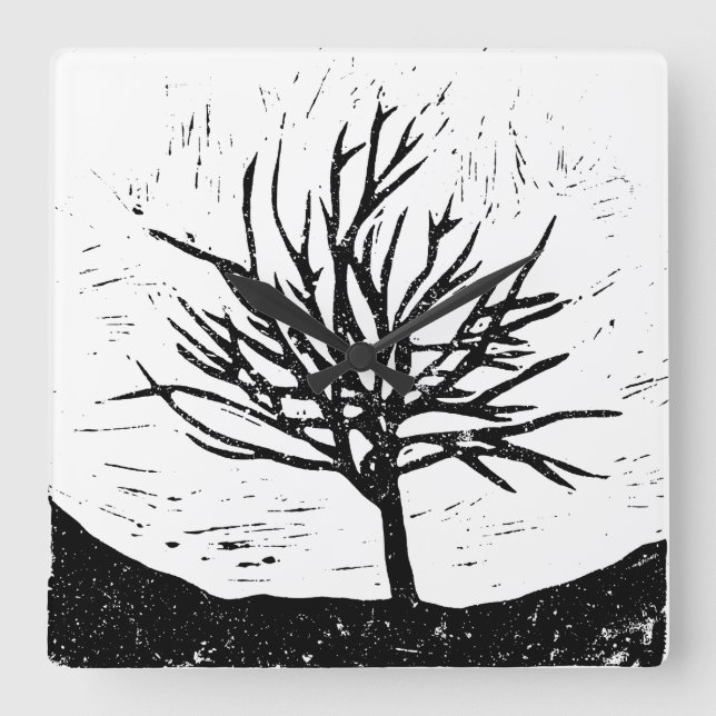 Autumnal Tree Lino Print Wall Clock (Front)