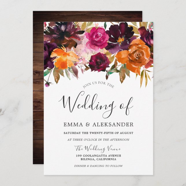 Autumns Dream: Rustic Autumn Fall Flowers Wedding Invitation (Front/Back)