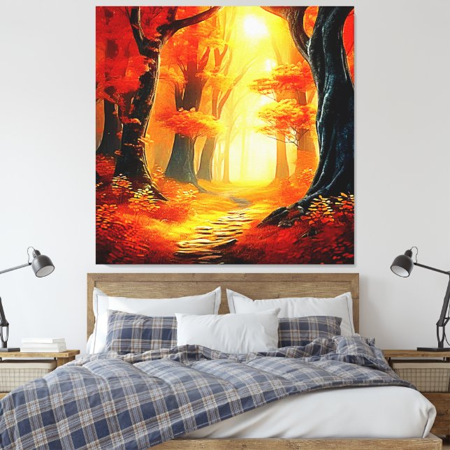 Autumn's Embrace: Fiery Forest Path Canvas Print (Insitu(Bedroom))