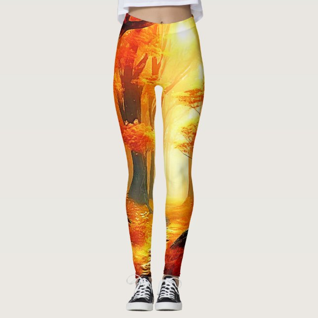 Autumn's Embrace: Fiery Forest Path Leggings (Front)