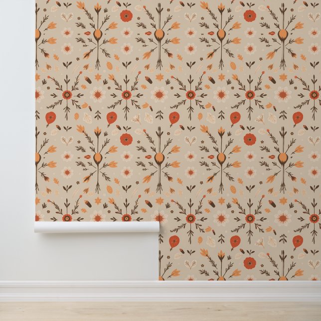 Autumn's Embrace: Rustic Floral Folk Pattern Wallpaper (Application)
