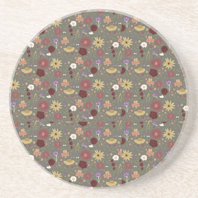 Autumn's Floral Embrace Green Background Coaster (Front)