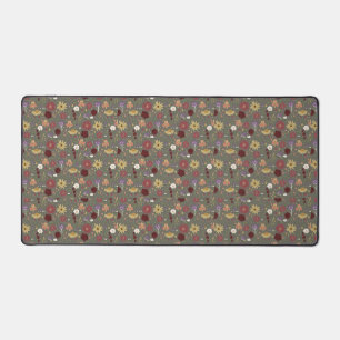 Autumn's Floral Embrace Green Background Desk Mat