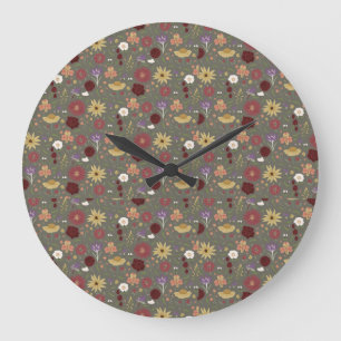 Autumn's Floral Embrace Green Background Large Clock
