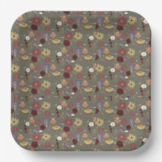 Autumn's Floral Embrace Green Background Paper Plate
