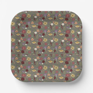 Autumn's Floral Embrace Green Background Paper Plate