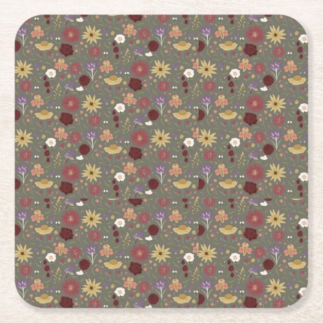Autumn's Floral Embrace Green Background Square Paper Coaster (Front)