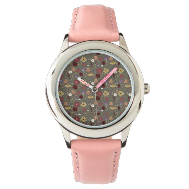 Autumn's Floral Embrace Green Background Watch (Front)