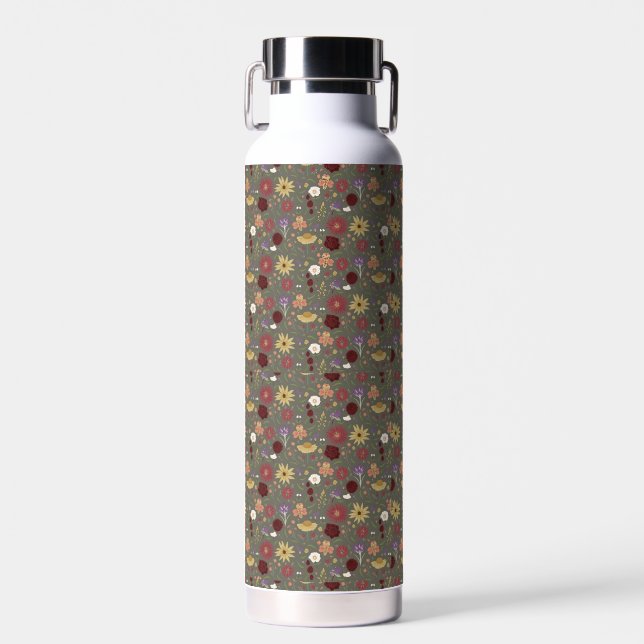 Autumn's Floral Embrace Green Background Water Bottle (Front)