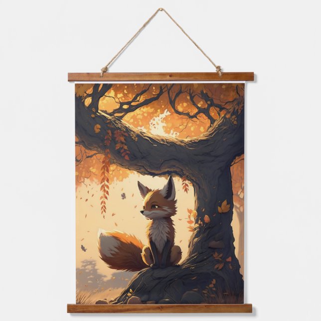 Autumn's Tiny Guardian: Cartoon Fox in Rusty Wonde Hanging Tapestry (Front)