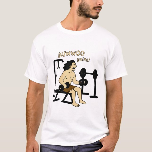 AUWWOO Gains Funny Caveman Gym Design – Fitness Hu T-Shirt (Front)