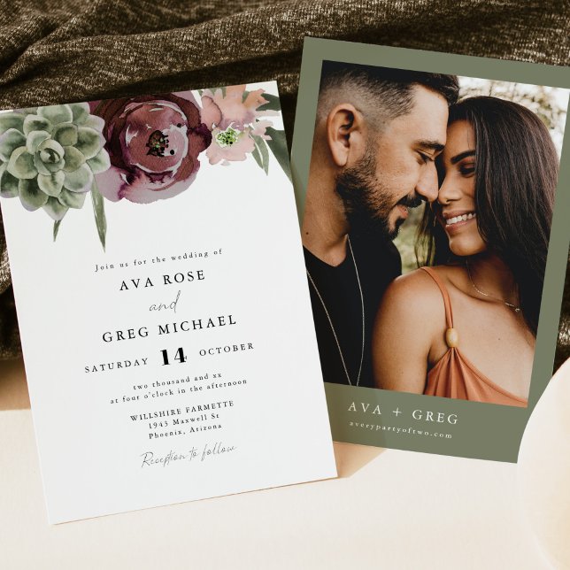 AVA Boho Burgundy Floral Succulent Cactus Wedding Invitation (Creator Uploaded)