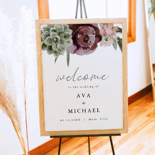 AVA Boho Burgundy Floral Succulent Wedding Welcome Poster