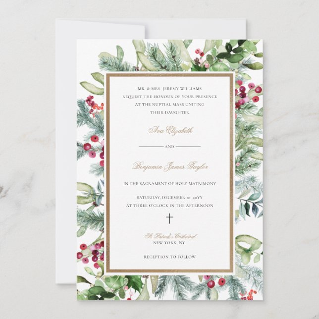 Ava Christmas Greenery Catholic Wedding Invitation (Front)