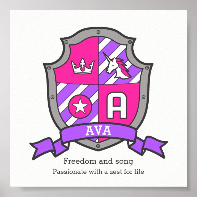 Ava name meaning unicorn letter A crest poster (Front)
