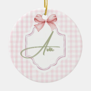 Ava Personalized Pink Bow & Gingham Print  Ceramic Tree Decoration