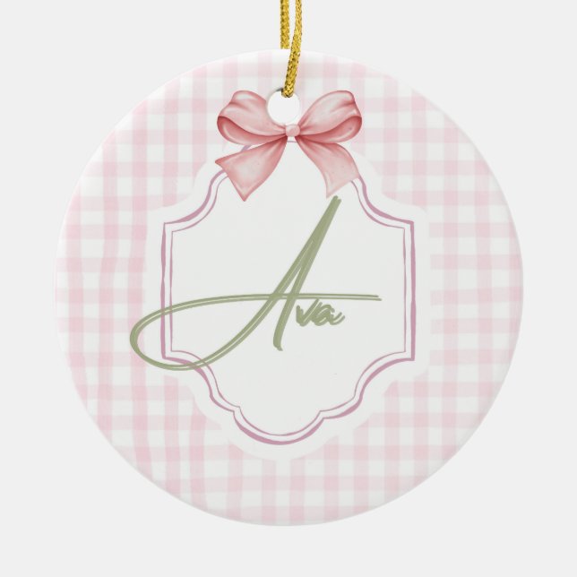 Ava Personalized Pink Bow & Gingham Print  Ceramic Tree Decoration (Front)