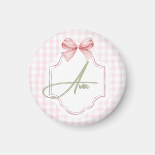 Ava Personalized Pink Bow & Gingham Print Magnet