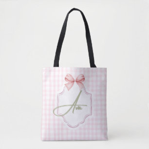 Ava Personalized Pink Bow & Gingham Print  Tote Bag