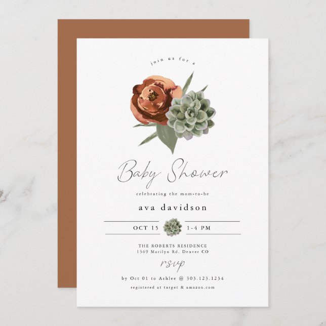 AVA Terracotta Floral Succulent Fall Baby Shower Invitation (Front/Back)