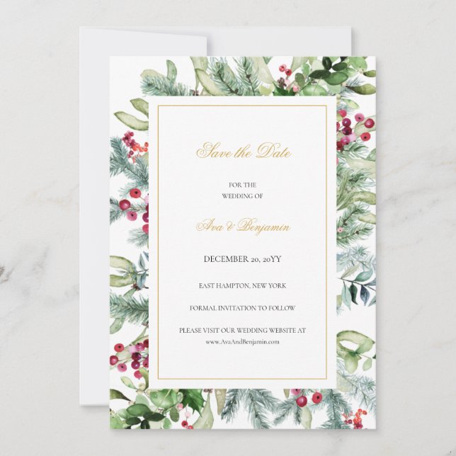 Ava Winter Greenery Berries Wedding Save The Date (Front)