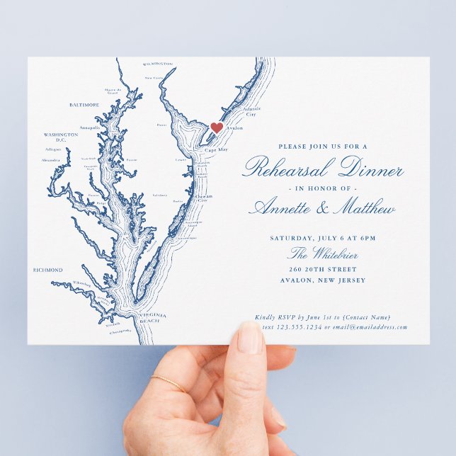 Avalon NJ Elegant Wedding Rehearsal Dinner Invitation (Elegant Avalon New Jersey Wedding Rehearsal Dinner invitation with navy blue Jersey Shore map)