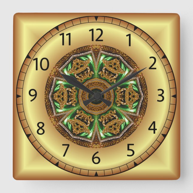 Avant - Garde, Green and Gold, Design KNF 1 ~  Square Wall Clock (Front)