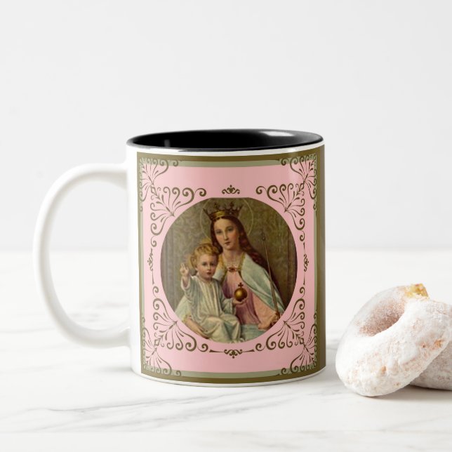 AVE MARIA QUEEN MARY INFANT JESUS THRONE SCEPTER Two-Tone COFFEE MUG (With Donut)