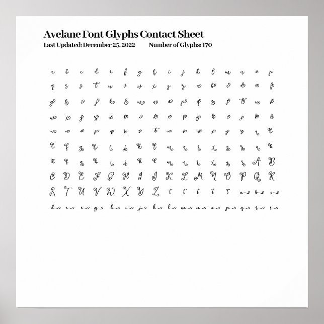 Avelane Font Glyphs Contact Sheet Poster (Front)