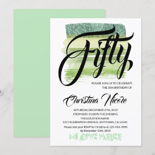 Aventurine Green Glitter Brushes FIFTY Birthday Invitation