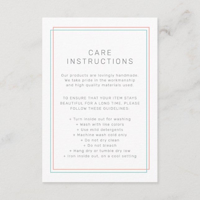 AVERY Coral and Teal Product Care Instructions Enclosure Card (Front)