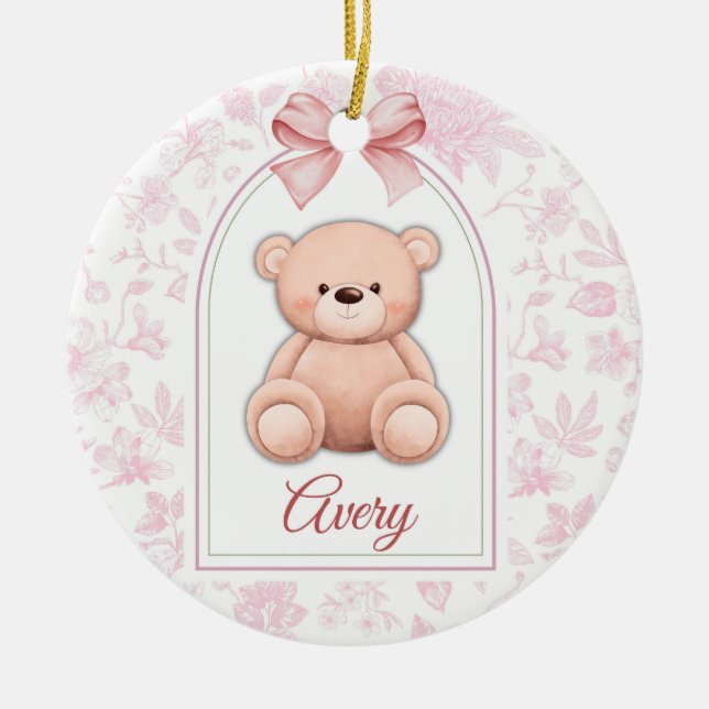 Avery | Custom Pink Teddy Bear Nursery Design  Ceramic Tree Decoration (Front)