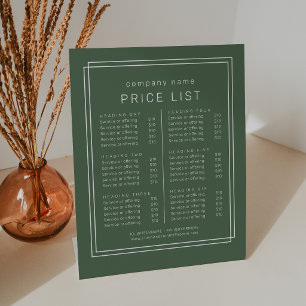 AVERY Dark Green Boho Business Services Price List Pedestal Sign