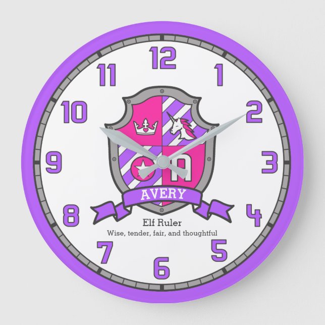 Avery letter name meaning unicorn crest purple  large clock (Front)