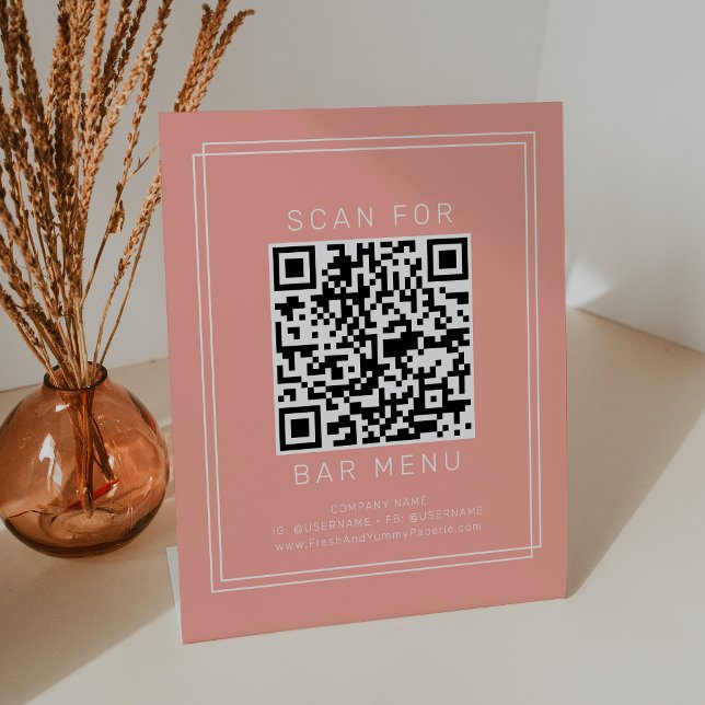 AVERY Minimal Blush Peach Coral Bar Menu QR Code Pedestal Sign (AVERY Minimal Blush Peach Coral Bar Menu QR Code Pedestal Sign)