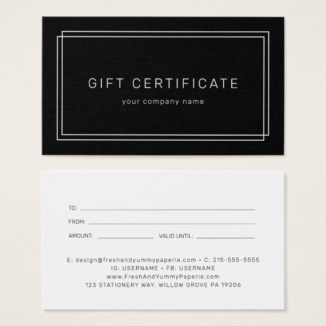 AVERY Modern Black Business Gift Certificate (Front & Back)