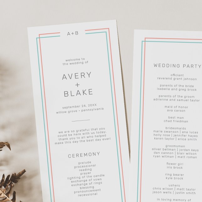 AVERY Modern Coral and Teal Border Wedding Programme (AVERY Modern Coral and Teal Border Wedding Program)