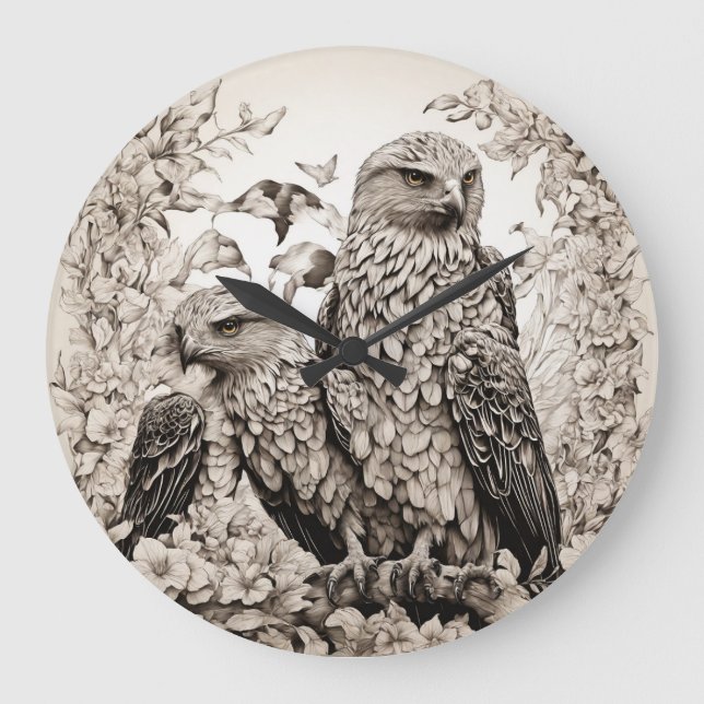  Avian Elegance: Black and White Bird of Prey Wall Large Clock (Front)