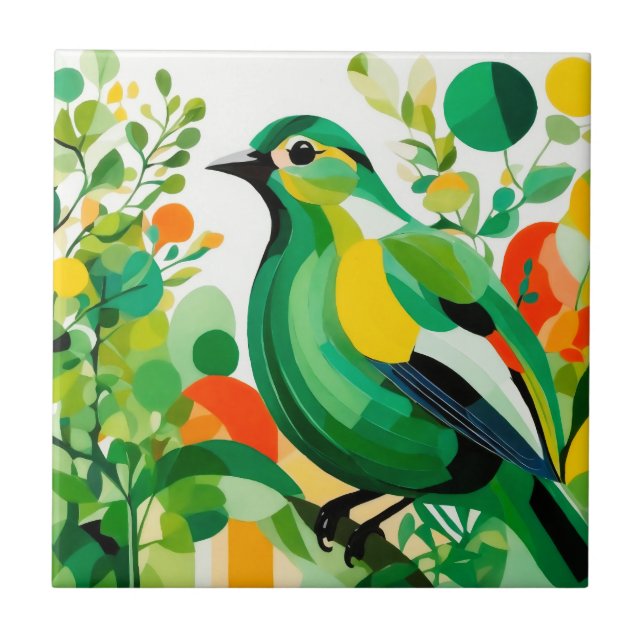 Avian Elegance, Green Abstract Bird On Tree Branch Tile (Front)
