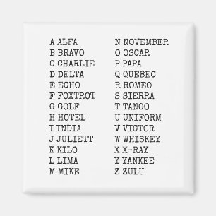 Aviation Phonetic Alphabet ALFA BRAVO CHARLIE Magnet